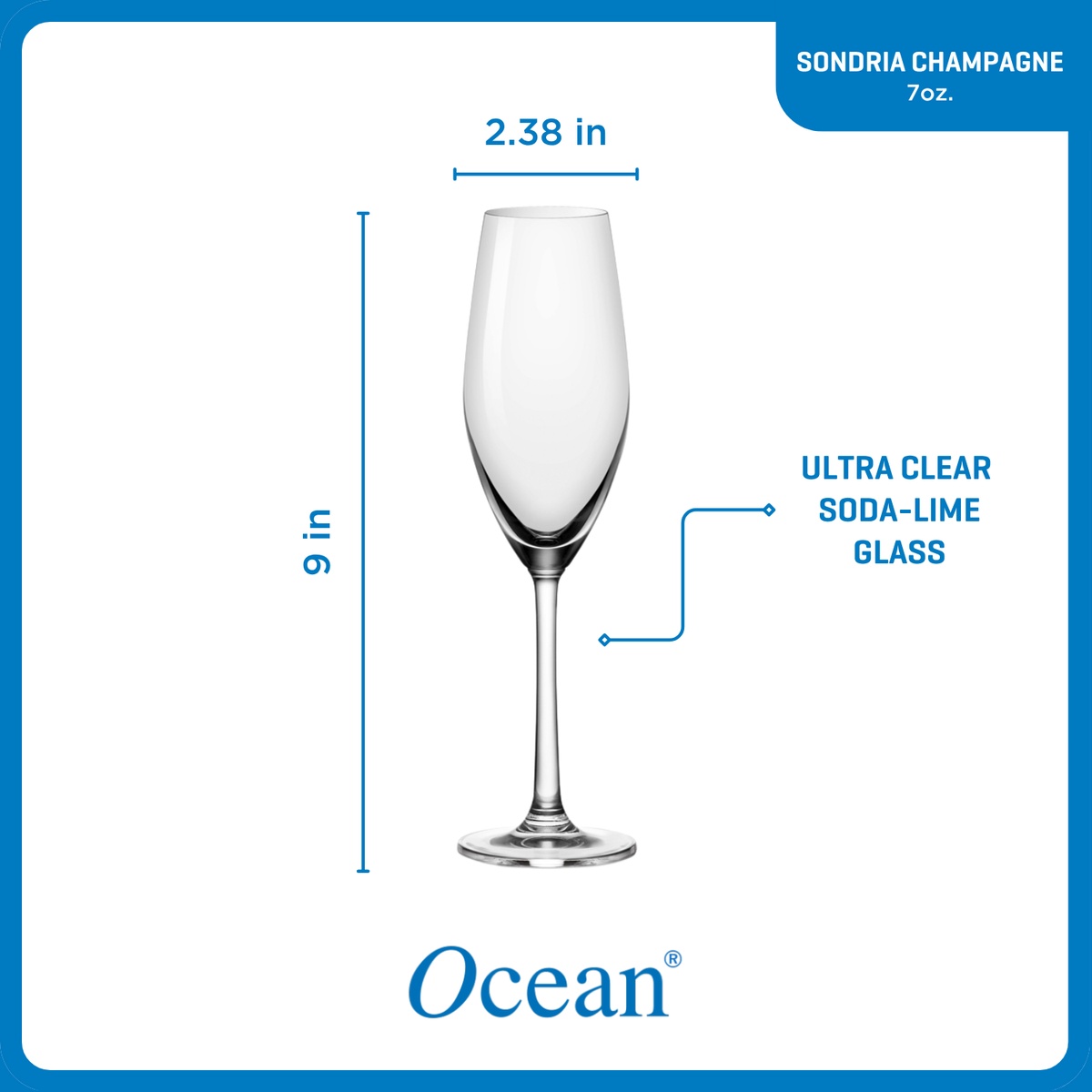 Ocean Glass Sondria Champagne Flute Glasses (4-pieces), 7.25-ounce, Dishwasher Safe - Image 3